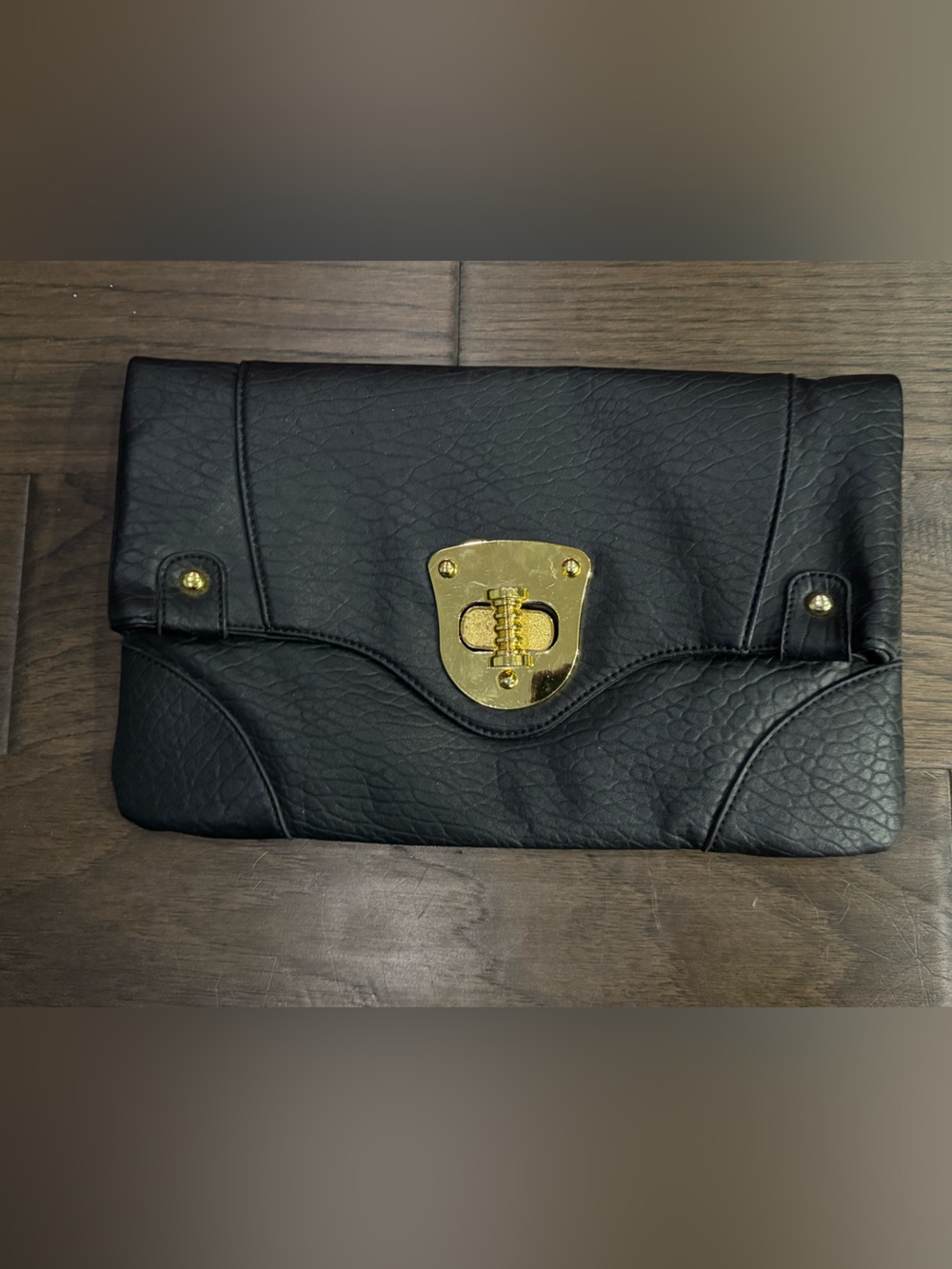 Nila Anthony Black Leather Fold-Over Clutch with Gold Lock